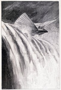 Skrzydlaty pojazd przejeżdżający przez wodospad, il. „”Mistrz świata””, Juliusz Verne, koniec XIX wieku. autorstwa Unknown artist