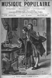 Wolfang Amadeus Mozart piszący koncert na klawesyn w obecności ojca Leopolda i Andreasa Schachtnera w 1762 r. - rycina w tygodniku ilustrowanym „Muzyka popularna” - 1882 r. autorstwa Unknown artist
