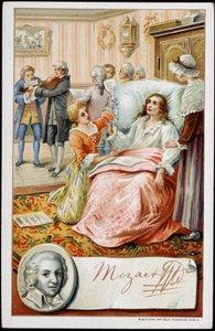 Wolfgang Amadeusz Mozart (1756-1791) w ostatnich dniach życia. Chromolitografia XIX wieku autorstwa Unknown artist