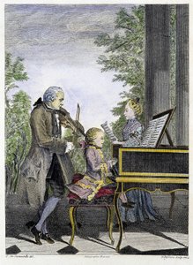 Wolfgang Amadeus Mozart dziecko na fortepianie w otoczeniu ojca Leopolda na skrzypcach i siostry Marianne na śpiewie - grawerowanie autorstwa Unknown artist