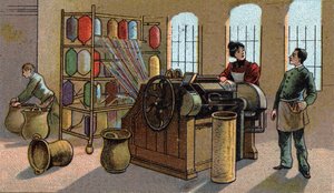 Przemysł wełniany, czesanie. Chromolitografia z końca XIX wieku autorstwa Unknown artist