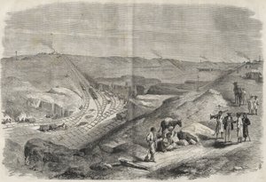 Prace na Kanale Sueskim 1864 - Budowa i prace wiertnicze na Kanale Sueskim w 1864 (Chaluf Tranchee) - autorstwa Unknown artist