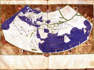 Mapa świata Klaudiusza Ptolemeusza (Claude Ptolemee, 90-168 ap JC), greckiego astronoma i astrologa - Reprezentacja płaskiej Ziemi bez bieguna północnego i południowego oraz bez Ameryki Zawiera - Rękopis XV w. - Wenecja, Biblioteca Marciana autorstwa Unknown artist