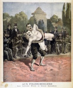 Zapaśnicy Pierri i Ussouf Ismaillolo w Folies Bergeres w Paryżu. W czasopiśmie Le petit, 31.03.1895. autorstwa Unknown artist