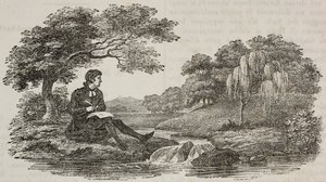 Pisarz pod drzewem nad strumieniem, ilustracja z Teatru Powszechnego, zbiór encyklopedyczny i scenograficzny, nr 575, 19 lipca autorstwa Unknown artist