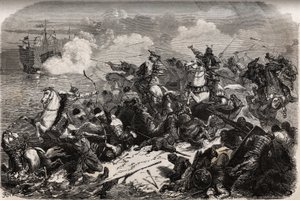 Yori Omo i armia samurajów odpierają inwazję Mongołów w 1274 roku dowodzoną przez Kubilai (Kubilai Khan, pierwszy cesarz mongolskiej dynastii Yuan (1215-1294), ale tajfuny (kami kaze: wiatr bogów) odpierają i wywracają Mongołów flota, oszczędzając Japończy autorstwa Unknown artist
