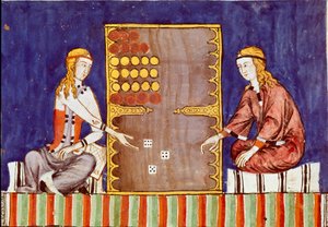 Młode kobiety grające tric trac (tri-trac), przodek Backgammona - Miniatura z rękopisu „Libro de los juegos” Alfonsa X Mądrego lub Savanta (po hiszpańsku Alfonso X el Sabio autorstwa Unknown artist