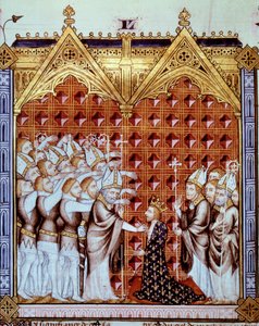 namaszczenie króla Francji w obecności ewek i jego baronów. Miniatura w „”Rational des divins office”” (folio 44v) autorstwa Unknown artist