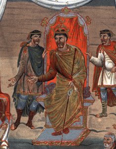 szczegóły dotyczące: Karola II Łysego (823 - 877), króla Francji przyjmującego delegację mnichów z Tours. z Paryża. autorstwa Unknown artist