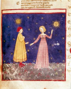 pierwsze niebo: Dante spotyka Beatrice w raju. Podświetlana strona ilustrująca pieśń Paradise z „Divina Commedia” Dante Alighieri (1265-1321). XIV wiek, Wenecja, Biblioteca Marciana autorstwa Unknown artist