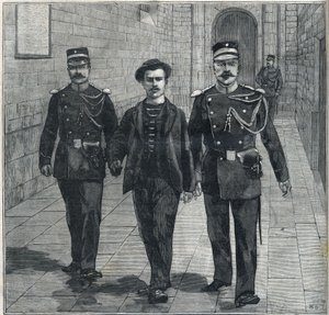 włoski anarchista Luigi Luccheni (Lucheni) zabójca cesarzowej Elżbiety Austrii (Sissi) wniesiony do Trybunału Sprawiedliwości w 1898 roku. autorstwa Unknown artist