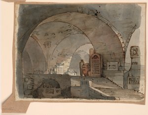 Rysunek, scenografia, podziemna sklepiona przestrzeń z grobowcami, początek XIX wieku autorstwa Unknown artistUnknown artist