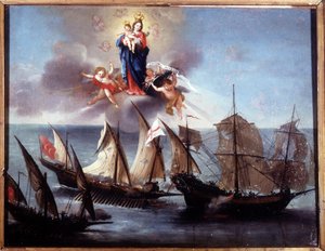 Łódź Genui zaatakowana przez galiota i barbarzyńską półgalerę. Ex-voto 1796. Muzeum Marynarki Wojennej Genui-Pegli. autorstwa Unknown artist