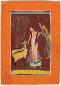 Dama z opiekunem i parą jeleni: prawdopodobnie Gujari Ragini z Dipak, z Pahari Ragamala autorstwa Unknown artist