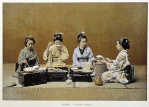 Jadalnia w Japonii: kobiety jedzące ryż pałeczkami i jedna z nich podająca herbatę - b.d. koniec XIX wieku autorstwa Unknown artist