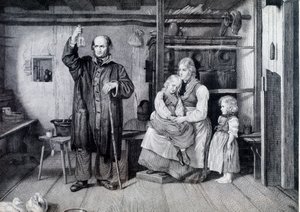Lekarz badający butelkę, prawdopodobnie fiolkę na mocz, podczas wizyty u matki i jej dwójki dzieci żyjących w biedzie (rycina) autorstwa Unknown artist