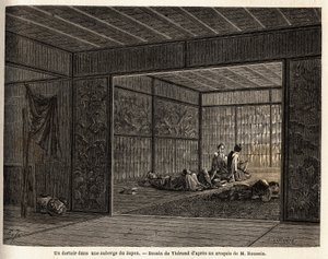Akademik w zajeździe w Japonii. Rycina ilustrująca podróż do Japonii w latach 1863-1864, autorstwa Aime Humberta, ministra Konfederacji Szwajcarskiej, w „Le tour du monde, nouveau journal des voyages”, wydanej pod kierunkiem Edouarda Chartona autorstwa Unknown artist
