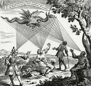 Smok widziany pod różnymi kątami, na podstawie miedziorytu przedstawiającego „Oculus artificialis teledioptricus” Zahna. autorstwa Unknown artist