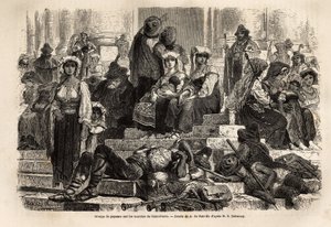 Grupa chłopów i pasterzy zbiera się na obchody Wielkiego Tygodnia na schodach św. Piotra w Watykanie. Grawer ilustrujący historię Wielkiego Tygodnia w Rzymie w 1863 r. autorstwa Ludovica Cellera w „Le tour du monde, nouveau journal des voyages”” autorstwa Unknown artist