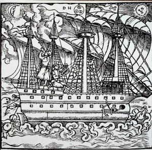 Nawigator na portugalskiej karaweli korzystający z astrolabium. Grawerowanie z opowieści podróżniczych niemieckiego żeglarza Hansa Stadena (1525-1579) autorstwa Unknown artist