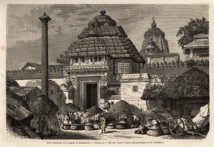 Popularny spacer przed główną bramą Pagody Djaghernaut (zbudowanej około 1200 r.), świętego miasta i miejsca pielgrzymek w południowym Bengalu. Grawerowanie ilustrujące podróż w południkowych prowincjach Indii, autorstwa Alfreda Grandidiera, w latach 1862- autorstwa Unknown artist