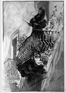 Ładna kobieta ma swój ukwiecony balkon pewnego letniego wieczoru w Syrakuzach. Grawer Sycylia z XIX wieku autorstwa Unknown artist