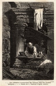 Szewc, który założył swój sklep i pracuje w starożytnych ruinach. Engravure pour illustrrer le voyage à Rome, Francis Wey, w latach 1864-1868, opublikowany w „Le tour du monde”” 1869, pod redakcją Edouarda Chartona, wyd. Hachette, Paryż. Kolekcja Selva. autorstwa Unknown artist