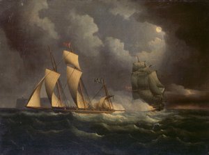 Przemytniczy lugger ścigany przez bryg, ok. 1825 r. (olej na płótnie) autorstwa Unknown artist