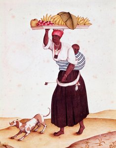Podróżująca handlarz owocami po Bresilii, nosi swoje dziecko za plecami. Akwarela z XVIII wieku. Rio de Janeiro, Biblioteka Narodowa autorstwa Unknown artist