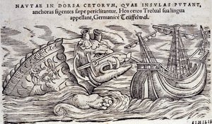 Wieloryb pomylony z wyspą. Dwie osoby rozpalają ogień na grzbiecie morskiego potwora. Grawerowanie i Historia Animalium autorstwa Conrada Gessnera (1516-1565), Tiguri autorstwa Unknown artist