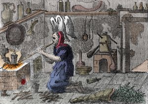 Wiedźma w swoim laboratorium przygotowująca magiczny eliksir, prosto z rogu wypełnionego magicznymi ziołami. Grawerowanie z XVI wieku autorstwa Unknown artist
