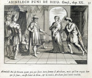 Abimelech daje Sarę Abrahamowi - Biblia, rycina autorstwa Unknown artist
