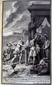 Achilles, słysząc o śmierci Patroklesa i gorzko go płacząc, jest pocieszany przez Tetydę, która nakłania go do zaprzestania walki, dopóki nie przyniesie mu nowej broni. Ilustracja księgi XVIII Iliady Homera, wydanie francuskie autorstwa Unknown artist
