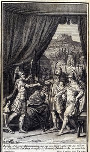 Achilles, zirytowany Agamemnonem, przysięga na swoje berło, że rzuca w środek zgromadzenia Greków, aby im nie pomagać; i plamy Nestora na próżno, aby ich ułagodzić. Ilustracja do księgi I Iliady Homera, wydanie francuskie autorstwa Unknown artist
