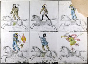 Akrobacje: ćwiczenia akrobatyczne na koniu. Rytownictwo autorstwa Unknown artist