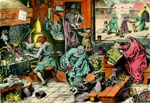 Laboratorium Alchemiczne Alchemik konsultujący grymuar. Rycina XVI-wiecznej kolekcji prywatnej autorstwa Unknown artist