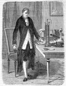 Alessandro (Alexandre) Volta zbudował w 1799 r. silnik elektryczny lub akumulator elektryczny - grawer autorstwa Unknown artist