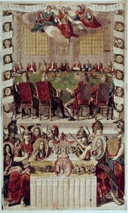 Almanach: przedstawienie traktatu utrechckiego kończącego wojnę o sukcesję hiszpańską, podpisanego we Francji (kardynał Polignac) i Anglii 11 kwietnia 1713 r. 1714 r. Paryż, B.N. autorstwa Unknown artist