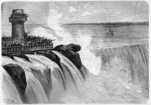 Amerykański Jenkins przekraczający wodospad Niagara na Velocipede w 1869 roku. autorstwa Unknown artist
