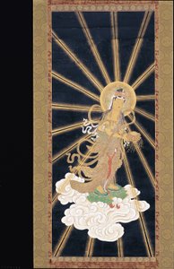 Amitabha (Amida) Triada zstępująca z nieba (pigment na konshi (niebieski papier ryżowy)) autorstwa Unknown artist