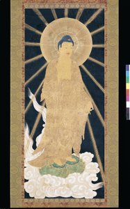 Amitabha (Amida) Triada zstępująca z nieba (pigment na konshi (niebieski papier ryżowy)) autorstwa Unknown artist