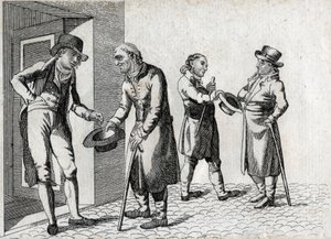 Amona. Żebracy zajmujący się kapeluszami na monety. Grawerowanie końca XVIII wieku. Prywatna kolekcja. autorstwa Unknown artist