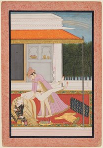 Zakochana para, prawdopodobnie Raja Mahendra Pal z Basohli (1806–13) z ulubioną królową autorstwa Unknown artist