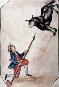 Indianin wskazujący włócznią na byka, z książki „Trujillo of Peru” lub „Codex Martinez Companion”, autorstwa Baltazara Martineza Companion i Bujandy, biskupa Trujillo (1782-1785) autorstwa Unknown artist