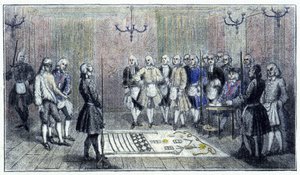 Dom czeladniczy w Paryżu, ok. 1740 r.: ta scena przedstawia przyjęcie „ucznia” masona (na podłodze obraz loży czeladniczej) - według ryciny z tamtych czasów. autorstwa Unknown artist