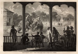Walka słoni w Baroda (lub Vadodara), stanie Gujarat na północno-wschodnim wybrzeżu Indii. Rycina ilustrująca podróż radżów do Indii, autorstwa Louisa Rousseleta, w latach 1864-1868, opublikowana w „Le tour du monde”” 1870-1871, pod redakcją Edouarda Charto autorstwa Unknown artist