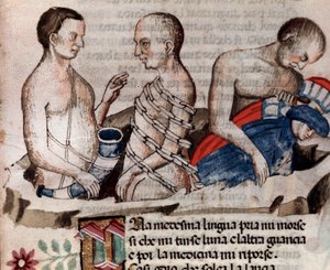 Olbrzym Anteusz opuszcza Dantego i Wergiliusza na zamarzniętą ziemię kręgu Zdrady (pieśń 31 z piekła, w Boskiej Komedii) - miniatura XV w. autorstwa Unknown artist