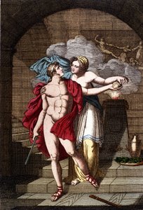 Arianne daje Tezeuszowi nić, aby mógł wydostać się z labiryntu - in Dizionario mitologico autorstwa Unknown artist