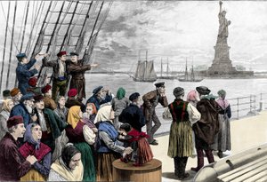 Przybywające rodziny emigrantów do portu w Nowym Jorku widać statuę wolności. Grawerowanie z „Tygodnika Harpera”” 1888 autorstwa Unknown artist