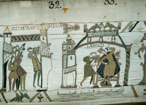 Astrologowie donoszą o pojawieniu się komety (Halley), naciskaniu nieszczęścia na Harolda, ledwie koronowanego króla Anglii Szczegół gobelinu z Bayeux lub haftu królowej Matyldy autorstwa Unknown artist